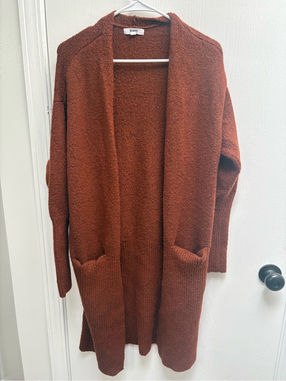 BB Dakota Open-Front Rusty Brown Bouclé Cardigan - super cozy, wool blend